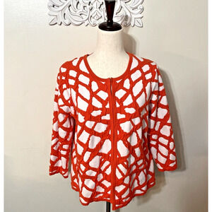 KASPER Women's MEDIUM Knit Cardigan Sweater Jacket 3/4 Sleeve WHITE ORANGE